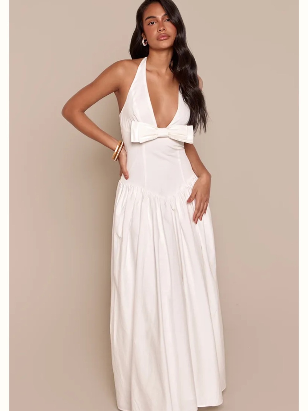 PrettyLittleThing White Halter Bow Maxi Dress